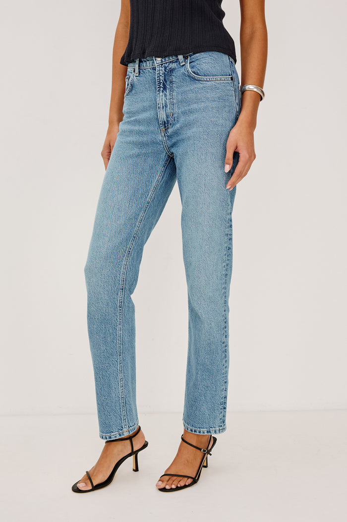 Topanga High-Rise Wide Straight Leg Jean in With 5-Pockets and a Front Zip-Fly in Old Indigo Colorway - Lower Body Front View Featured on Model