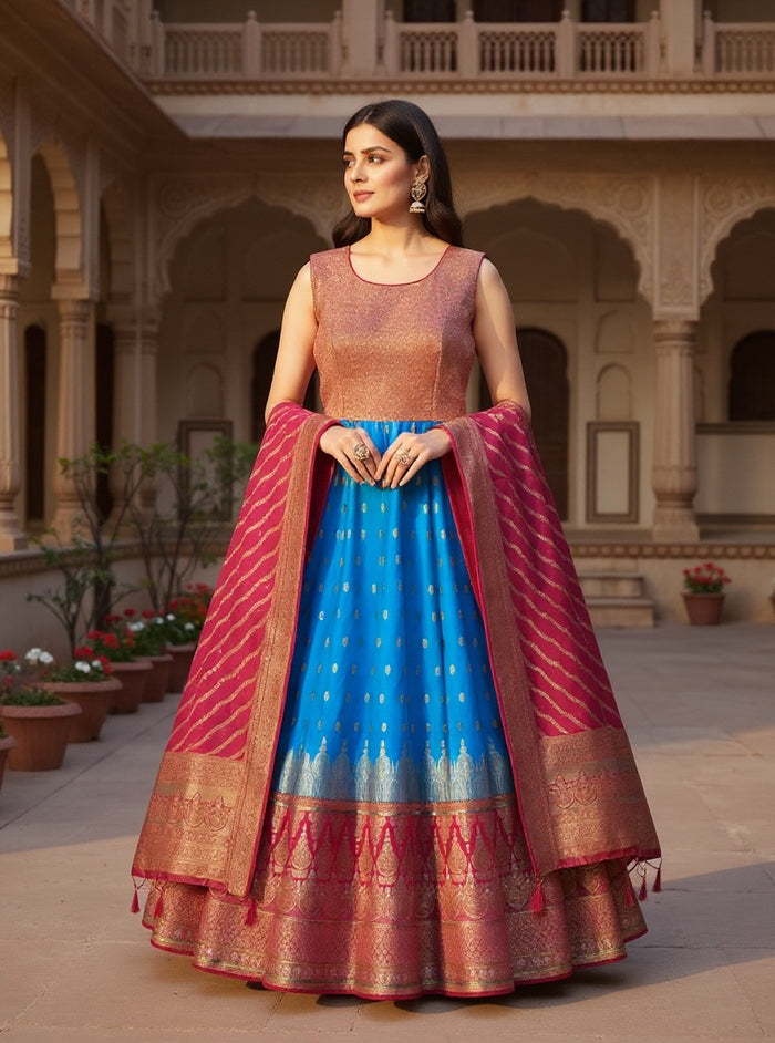Kurti Connection USA Kanjivaram silk lehenga choli with blue skirt, copper bodice, and pink dupatta with zari border.