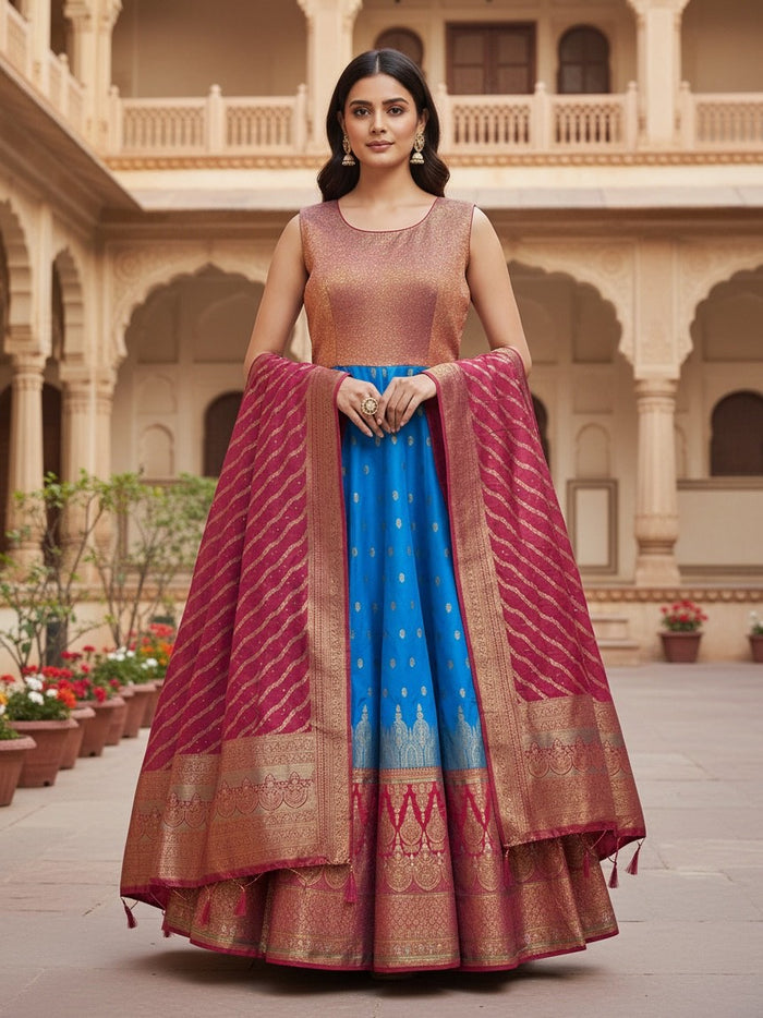 Kurti Connection USA Kanjivaram silk lehenga gown with blue skirt, copper bodice, and pink dupatta with zari border.