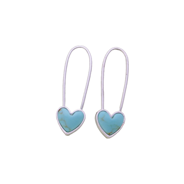 Turquoise Heart Silver Safety Pin Earring