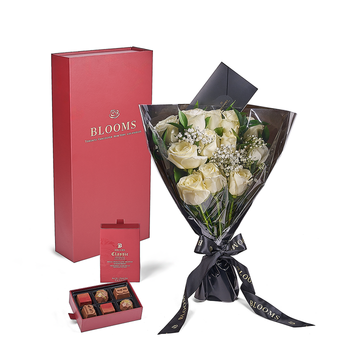 Valentine's Day White Rose Dozen Bouquet with Gourmet Chocolate Box – the bouquet