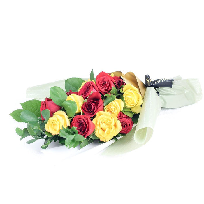 Vibrant Red and Yellow Rose Bouquet Wrapped Elegantly – the bouquet
