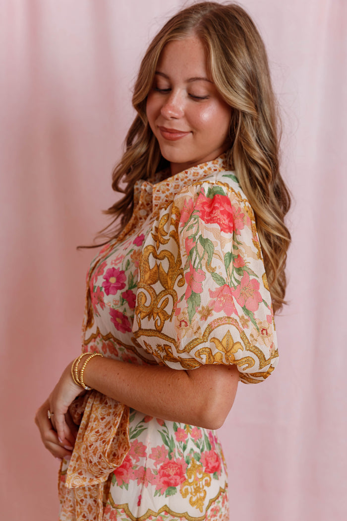 Floral Print Midi Shirt Dress- Women's Vibrant Floral Print Dress- Flying Tomato Dresses
