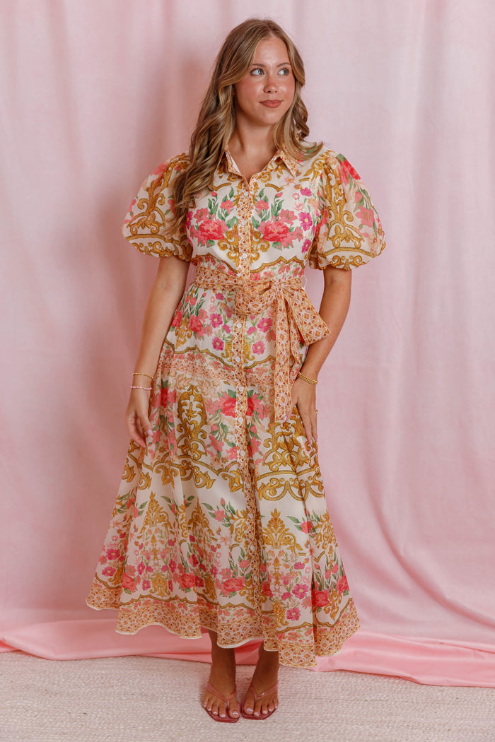 Floral Print Midi Shirt Dress- Women's Vibrant Floral Print Dress- Flying Tomato Dresses