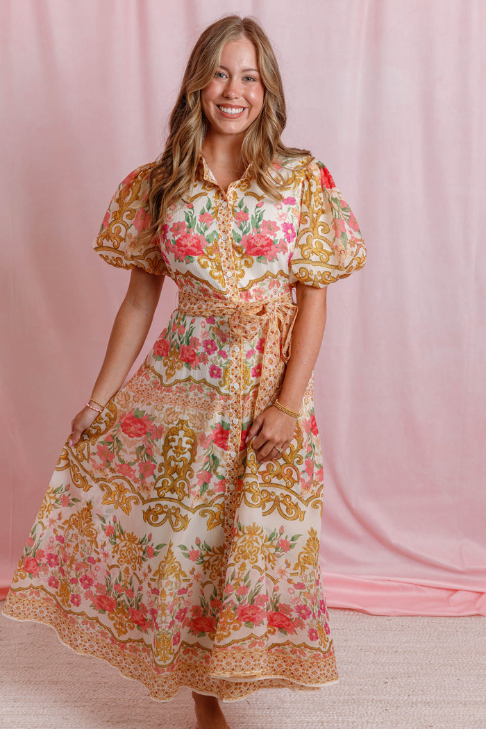 Floral Print Midi Shirt Dress- Women's Vibrant Floral Print Dress- Flying Tomato Dresses