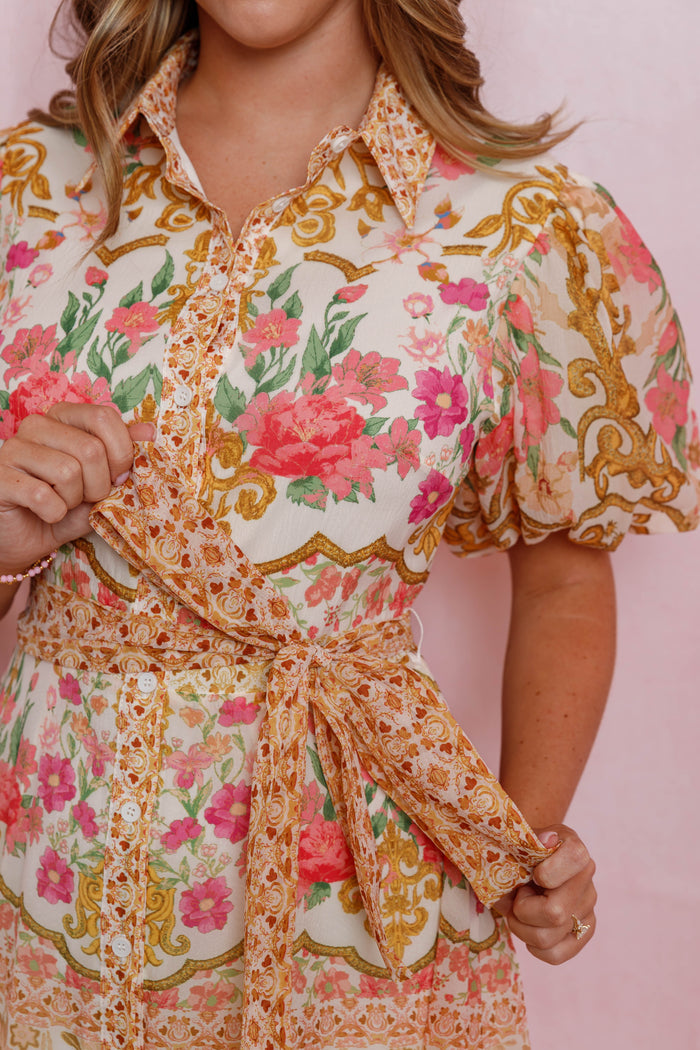 Floral Print Midi Shirt Dress- Women's Vibrant Floral Print Dress- Flying Tomato Dresses