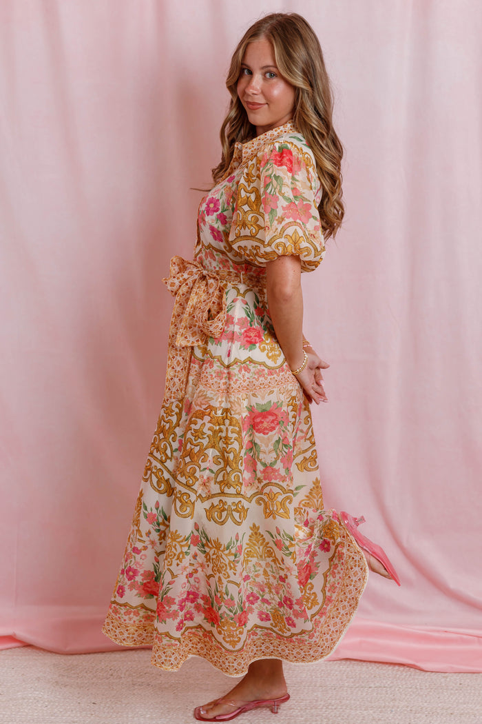 Floral Print Midi Shirt Dress- Women's Vibrant Floral Print Dress- Flying Tomato Dresses