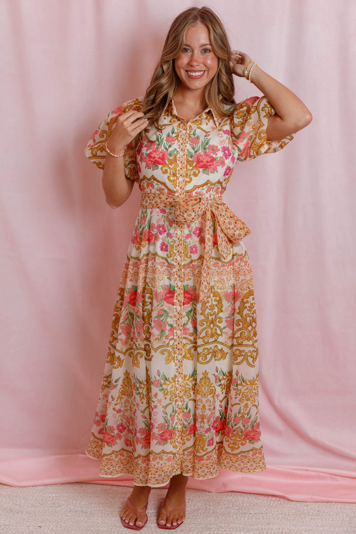 Floral Print Midi Shirt Dress- Women's Vibrant Floral Print Dress- Flying Tomato Dresses