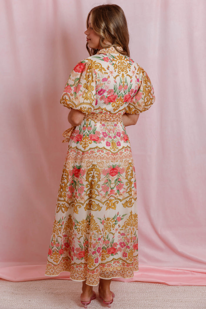 Floral Print Midi Shirt Dress- Women's Vibrant Floral Print Dress- Flying Tomato Dresses