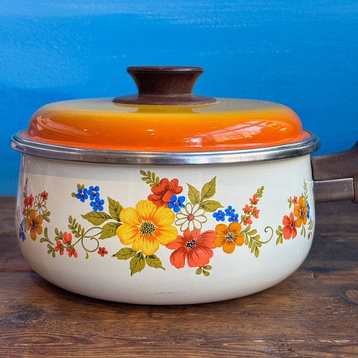 Vintage 1970s Sweet Flowers Yellow Floral Sauce Pan with Lid