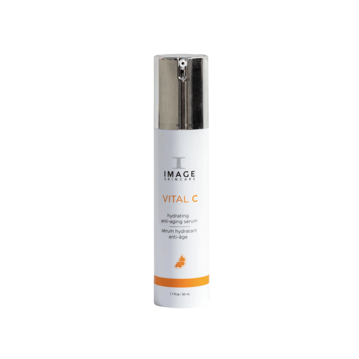 White bottle of VITAL C hydrating anti-aging serum | IMAGE Skincare with silver pump dispenser, featuring orange accents and citrus graphic, for skincare and anti-aging hydration.