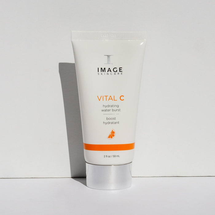 Tube of VITAL C hydrating water burst | IMAGE Skincare positioned against a white background, showcasing a clean and minimal skincare product designed for hydration boost.
