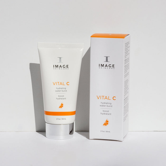 Tube and box packaging of VITAL C hydrating water burst | IMAGE Skincare displayed against a plain white background, featuring a clean and modern design for skincare product.