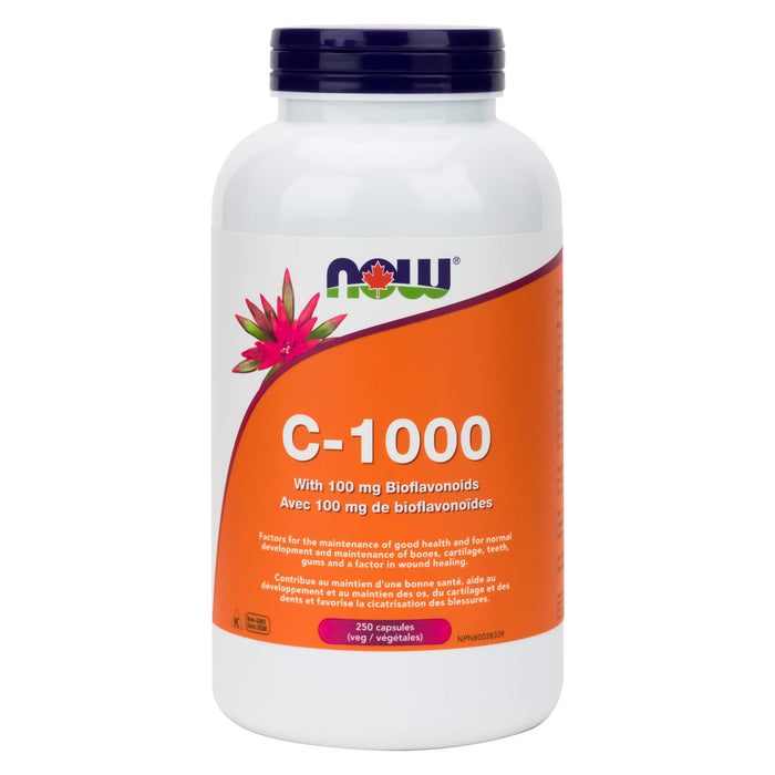 Bottle of NOW Foods Vitamin C 1000 mg with 100 mg Bioflavonoids 250 Vegetable Capsules