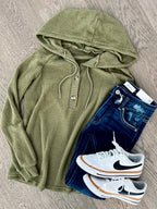 Waffle Knit Long Sleeve Drawstring Hooded Top