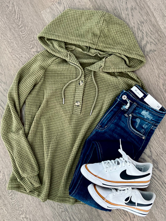 Waffle Knit Long Sleeve Drawstring Hooded Top