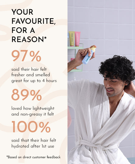 Person applying Warm Vanilla Hair Mist with text on hair freshness and hydration benefits