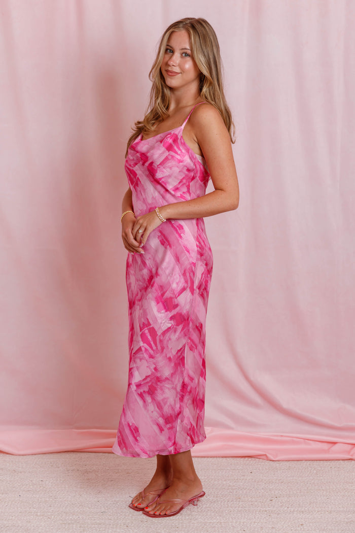 Pink Cowl Neck Slip Dress- Women's Hot Pink Satin Dress- B.Right Dresses