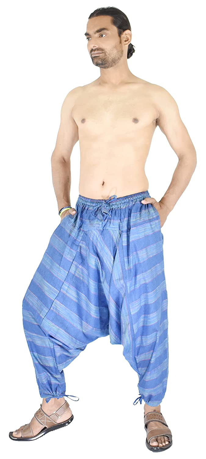Whitewhale Mens Cotton Stripe Harem Pants Pockets Yoga Trousers Hippie