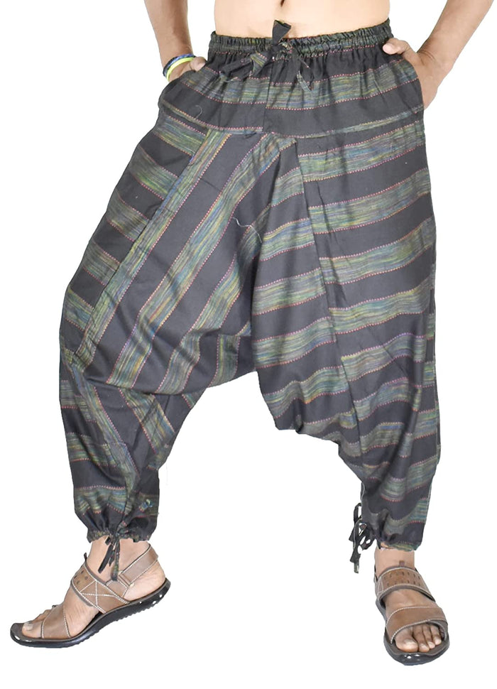 Whitewhale Mens Cotton Stripe Harem Pants Pockets Yoga Trousers Hippie