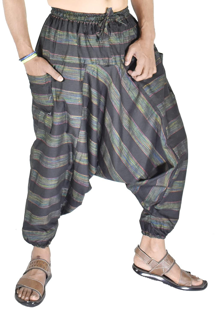 Whitewhale Mens Women Cotton Stripe Harem Pants Pockets Yoga Trousers Hippie