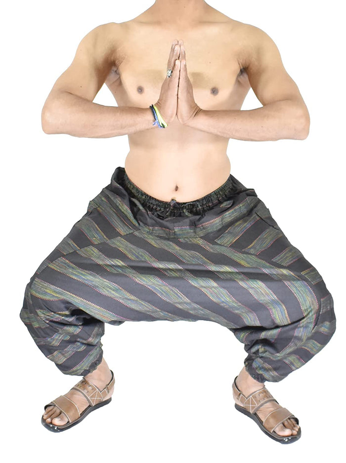 Whitewhale Mens Women Cotton Stripe Harem Pants Pockets Yoga Trousers Hippie
