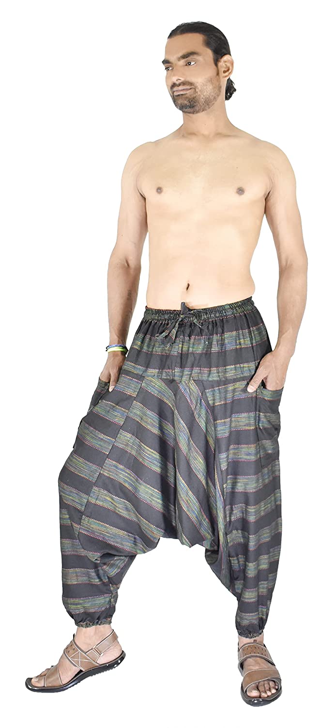 Whitewhale Mens Women Cotton Stripe Harem Pants Pockets Yoga Trousers Hippie