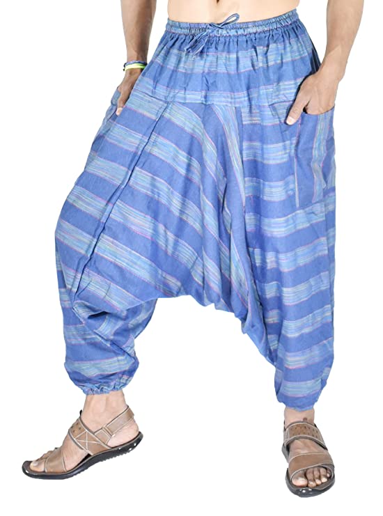 Whitewhale Mens Women Cotton Stripe Harem Pants Pockets Yoga Trousers Hippie