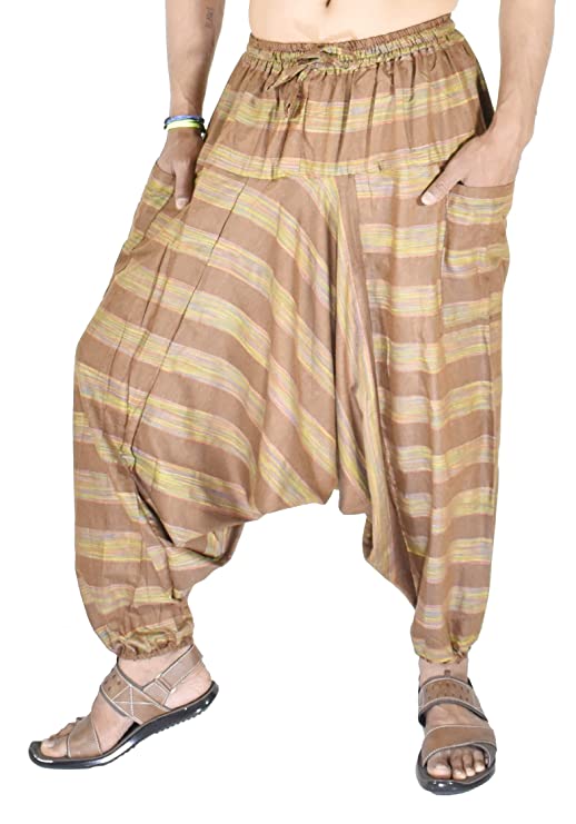 Whitewhale Mens Women Cotton Stripe Harem Pants Pockets Yoga Trousers Hippie