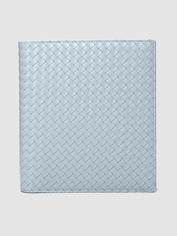 Blue genuine leather woven leather folio sized for HP Classic planners.