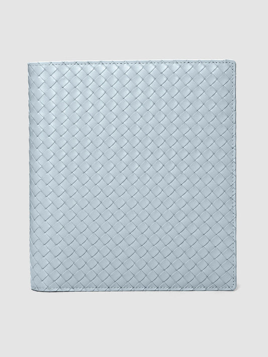 Blue genuine leather woven leather folio sized for HP Classic planners.