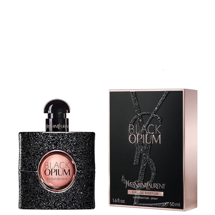 Yves Saint Laurent Black Opium Eau de Parfum 50ml bottle with black and gold design, a luxurious perfume for women.